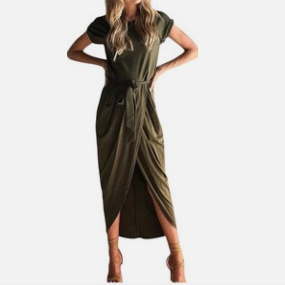 Yidarton Olive Green Wrap Dress with Tie Belt